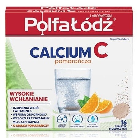 Calcium C - Wapno musujące POMARAŃCZOWE, 16 tabletek. (Polfa Łódź)