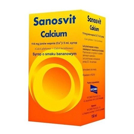 Sanosvit - SYROP Wapno/Calcium dla dzieci o smaku bananowym, 150 ml.